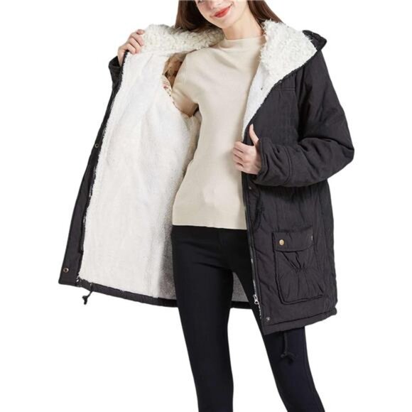 Women's Mid-Length Winter Jacket - Thick Warm Coat with Faux Lamb Wool Lining - Picture 6 of 8
